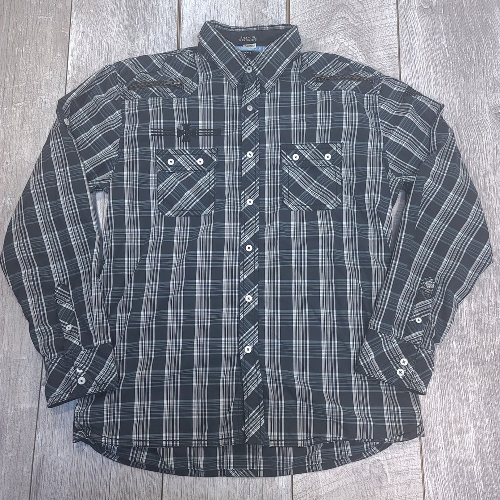 Roar Button Front Shirt Mens XL Black Plaid Rex Gothic Embroidered Zippers
